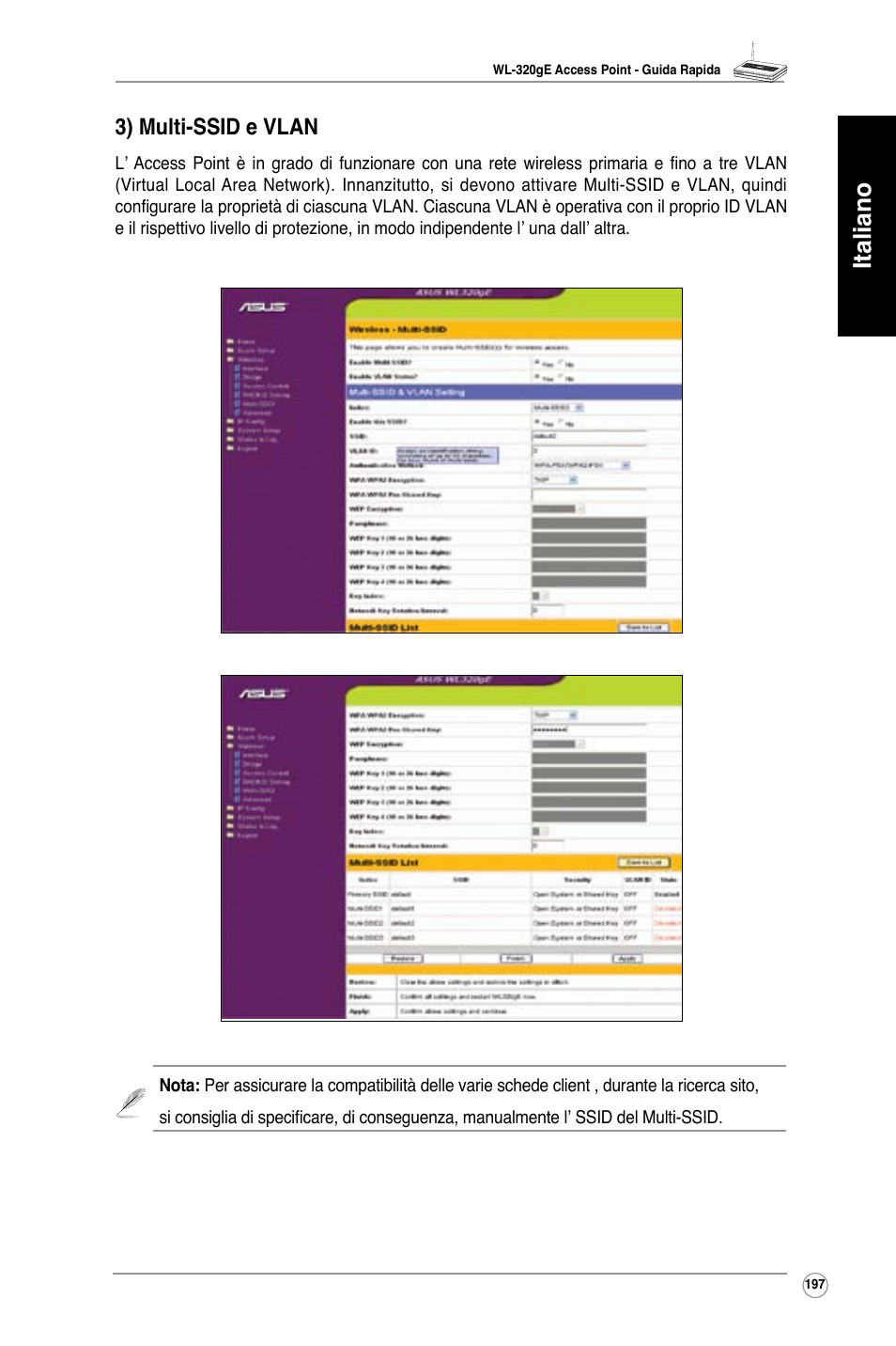 Italiano, 3) multi-ssid e vlan | Asus WL-320gE User Manual | Page 198 / 361