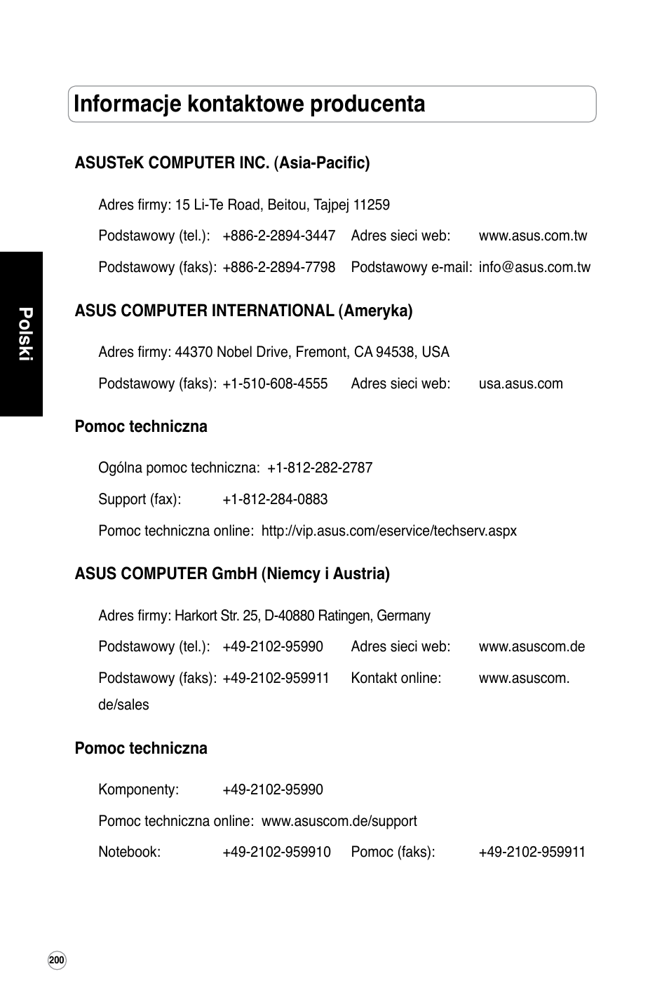 Informacje kontaktowe producenta, Polski | Asus WL-320gE User Manual | Page 201 / 361