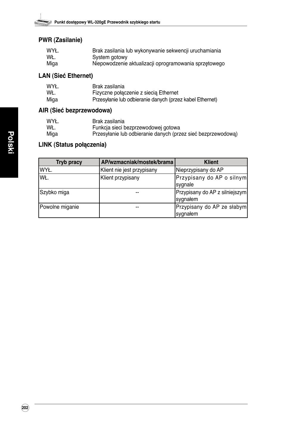 Polski | Asus WL-320gE User Manual | Page 203 / 361