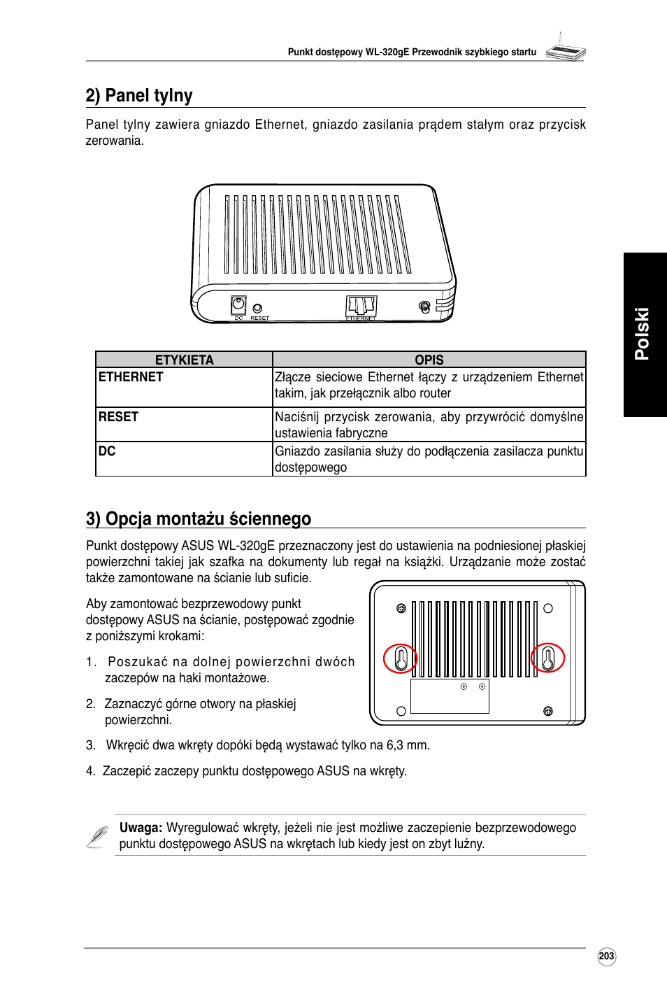 Polski 3) opcja montażu ściennego, 2) panel tylny | Asus WL-320gE User Manual | Page 204 / 361