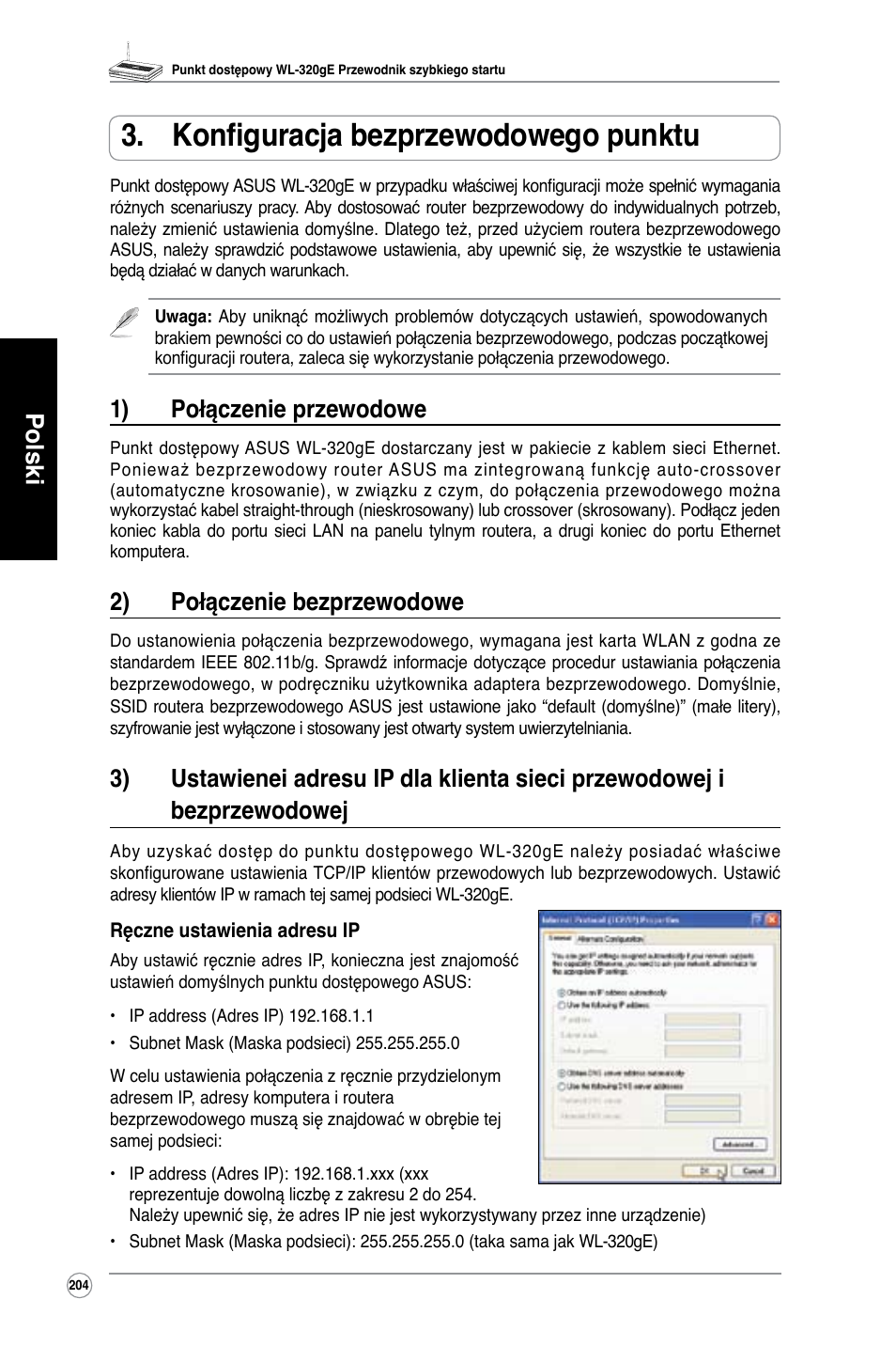 Konfiguracja bezprzewodowego punktu, Polski, 1) połączenie przewodowe | 2) połączenie bezprzewodowe | Asus WL-320gE User Manual | Page 205 / 361