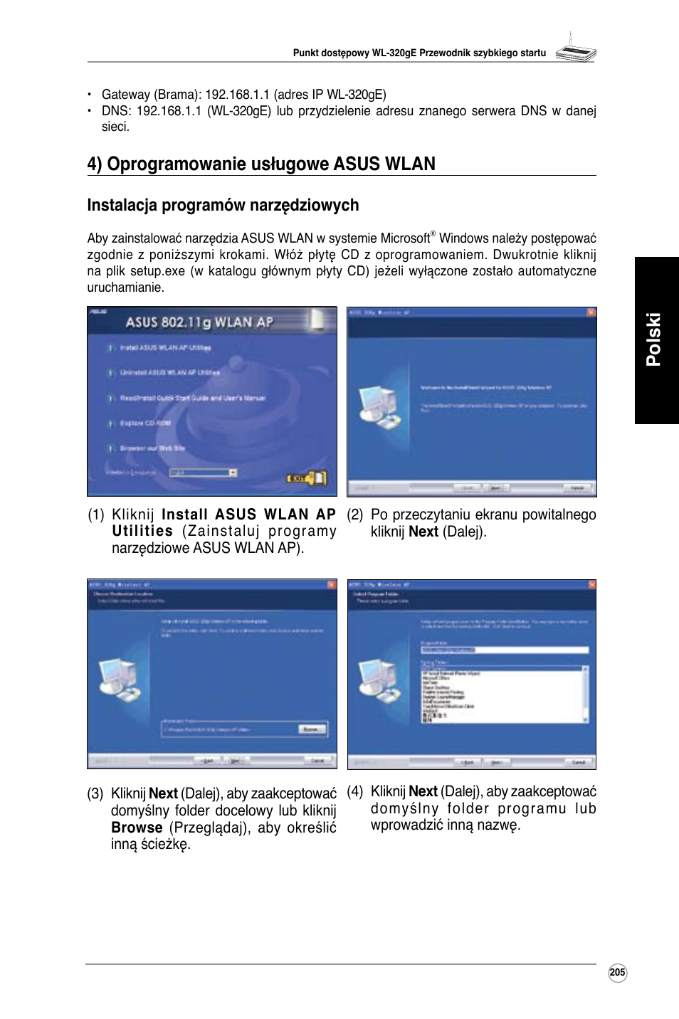 Polski, 4) oprogramowanie usługowe asus wlan, Instalacja programów narzędziowych | Asus WL-320gE User Manual | Page 206 / 361