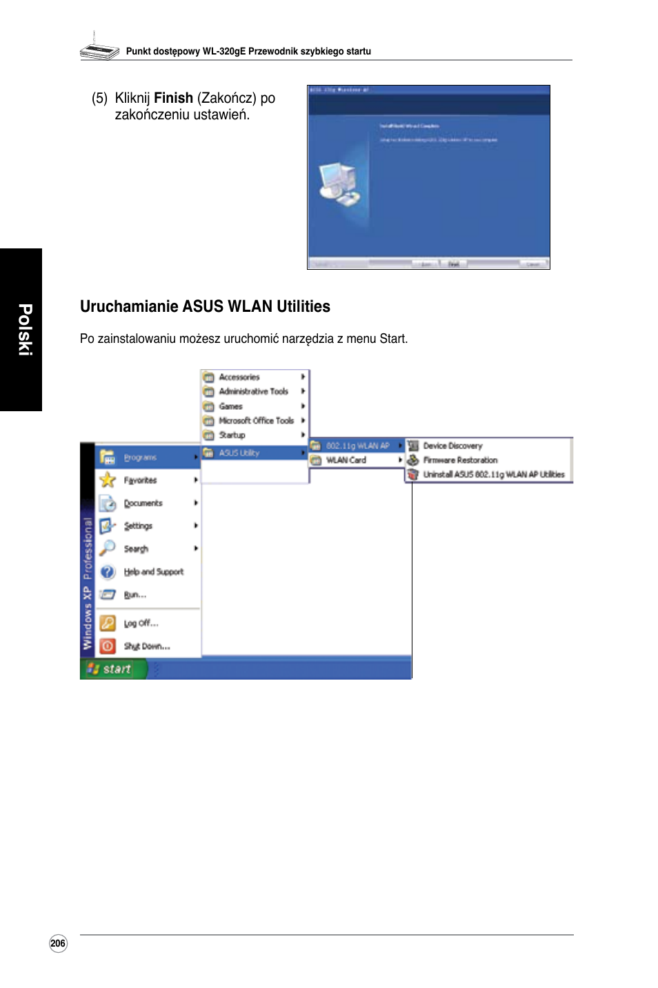 Polski, Uruchamianie asus wlan utilities | Asus WL-320gE User Manual | Page 207 / 361