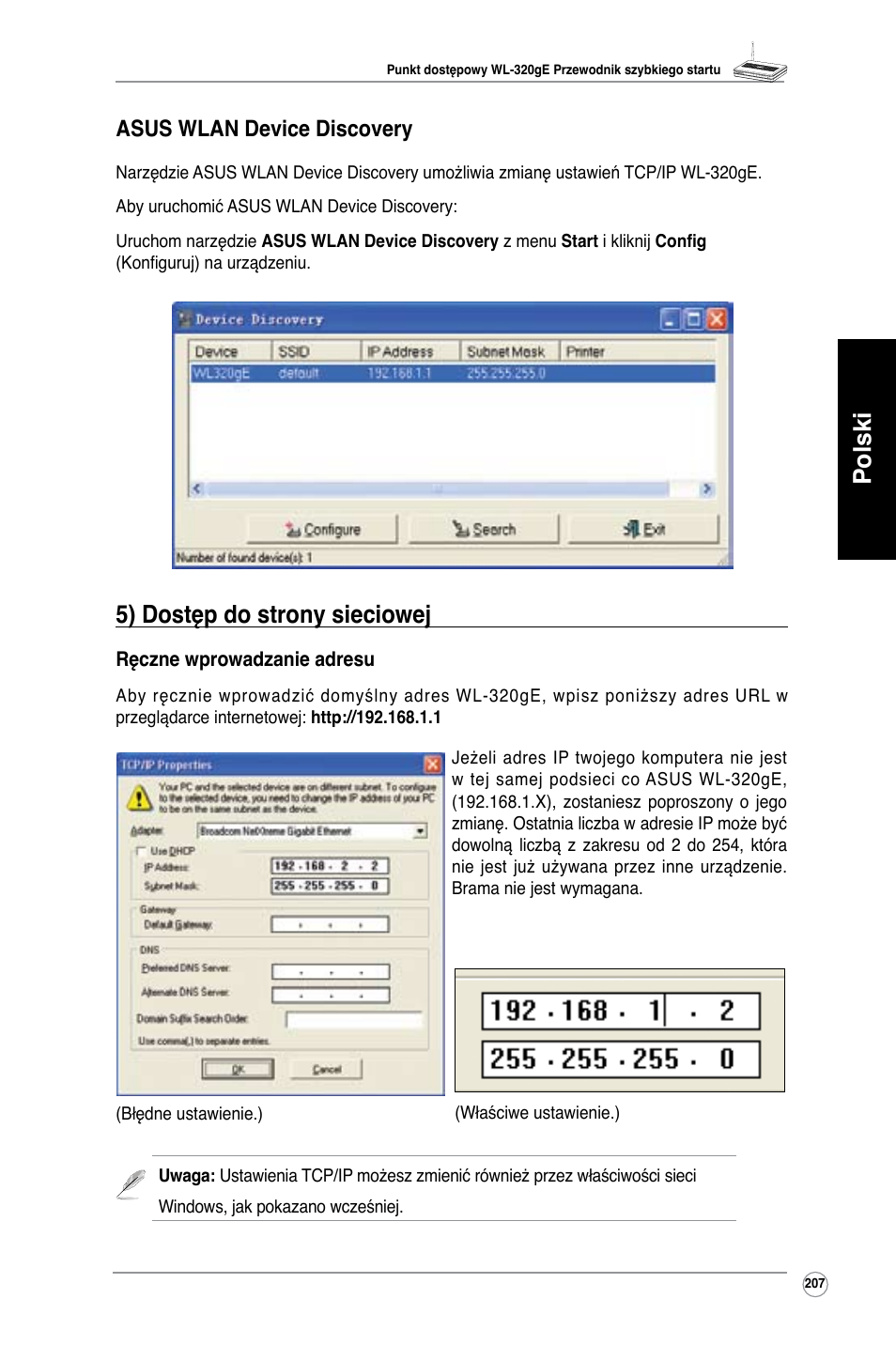 Polski, 5) dostęp do strony sieciowej, Asus wlan device discovery | Asus WL-320gE User Manual | Page 208 / 361