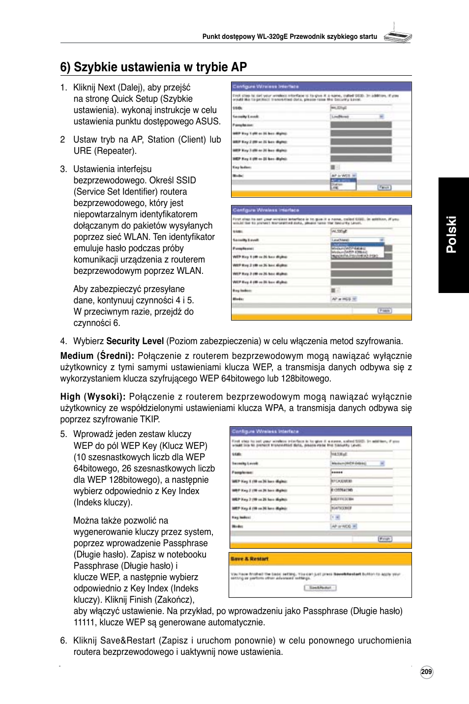 Polski 6) szybkie ustawienia w trybie ap | Asus WL-320gE User Manual | Page 210 / 361