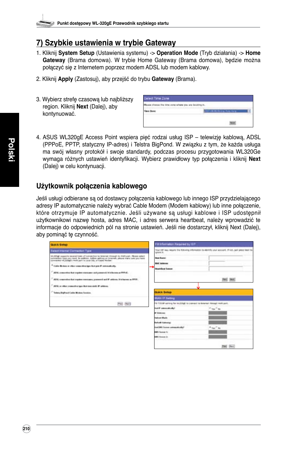 Polski 7) szybkie ustawienia w trybie gateway, Użytkownik połączenia kablowego | Asus WL-320gE User Manual | Page 211 / 361