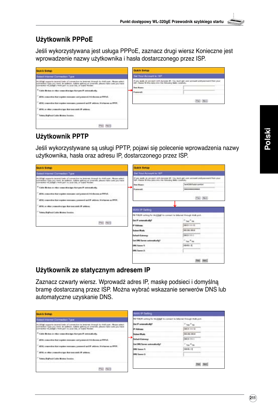 Polski, Użytkownik pppoe, Użytkownik pptp | Użytkownik ze statycznym adresem ip | Asus WL-320gE User Manual | Page 212 / 361