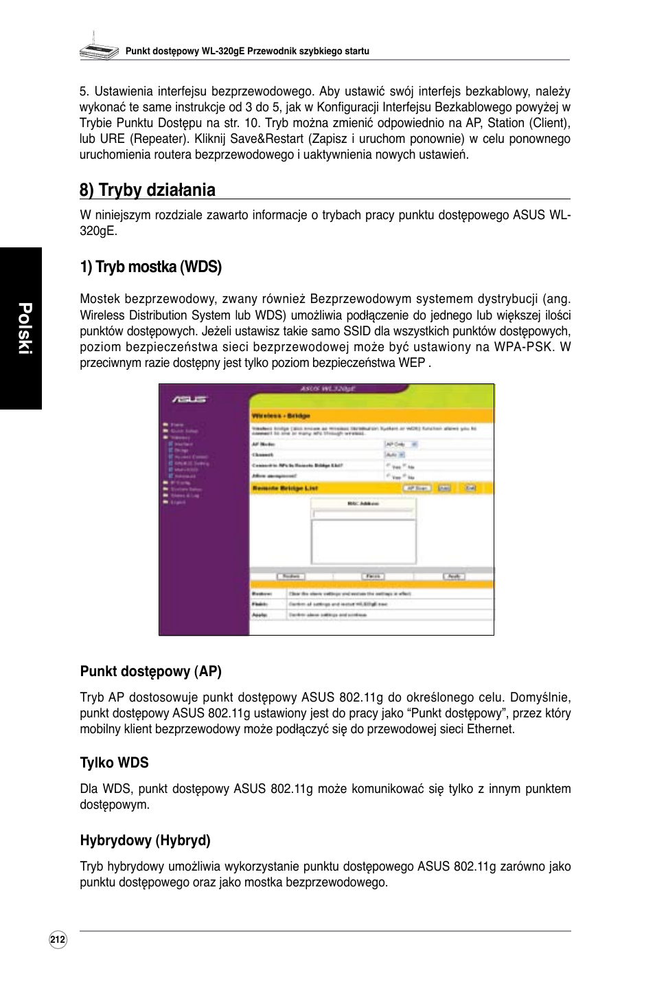 Polski, 8) tryby działania, 1) tryb mostka (wds) | Asus WL-320gE User Manual | Page 213 / 361