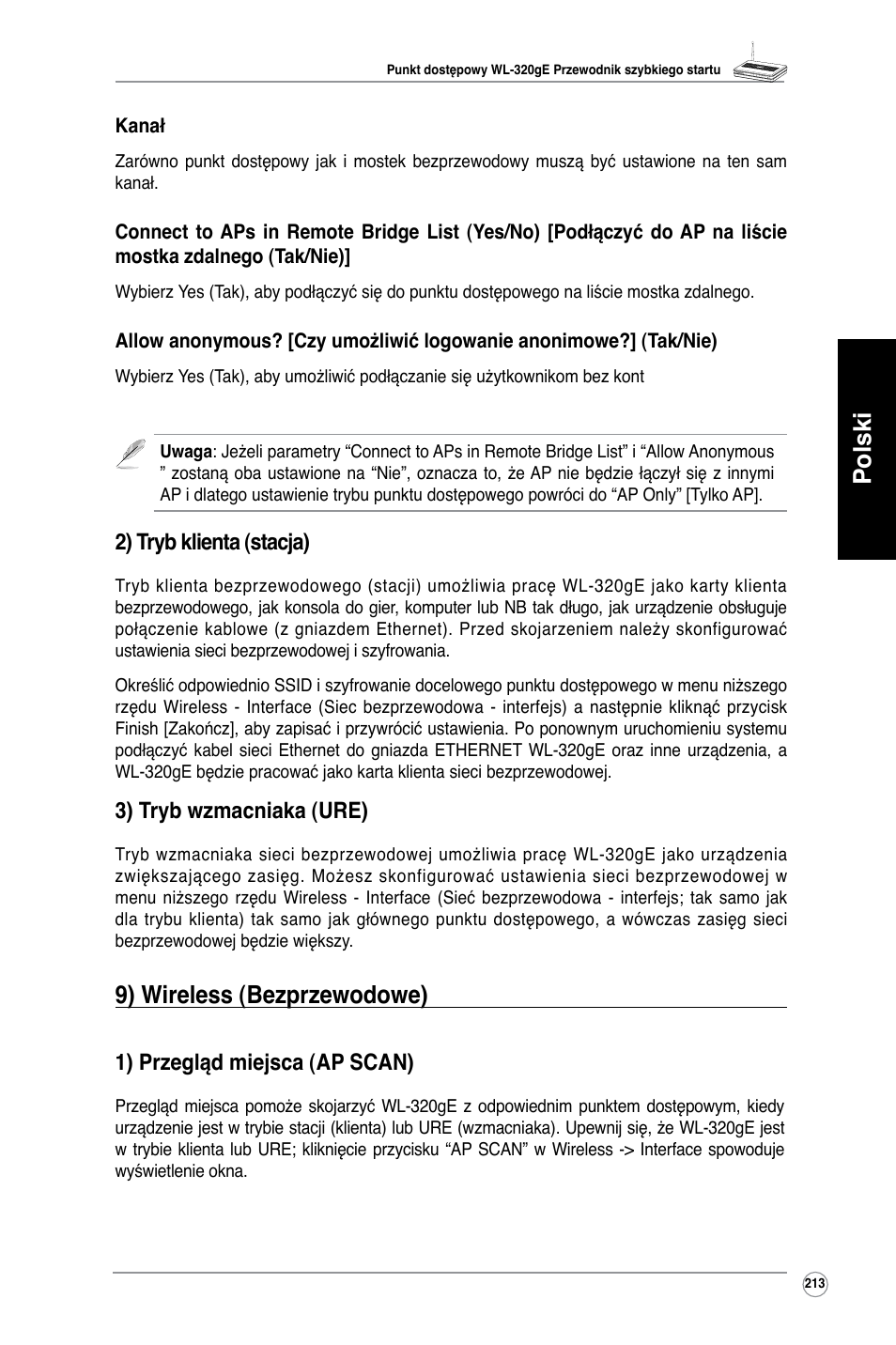 Polski, 9) wireless (bezprzewodowe), 2) tryb klienta (stacja) | 3) tryb wzmacniaka (ure), 1) przegląd miejsca (ap scan) | Asus WL-320gE User Manual | Page 214 / 361