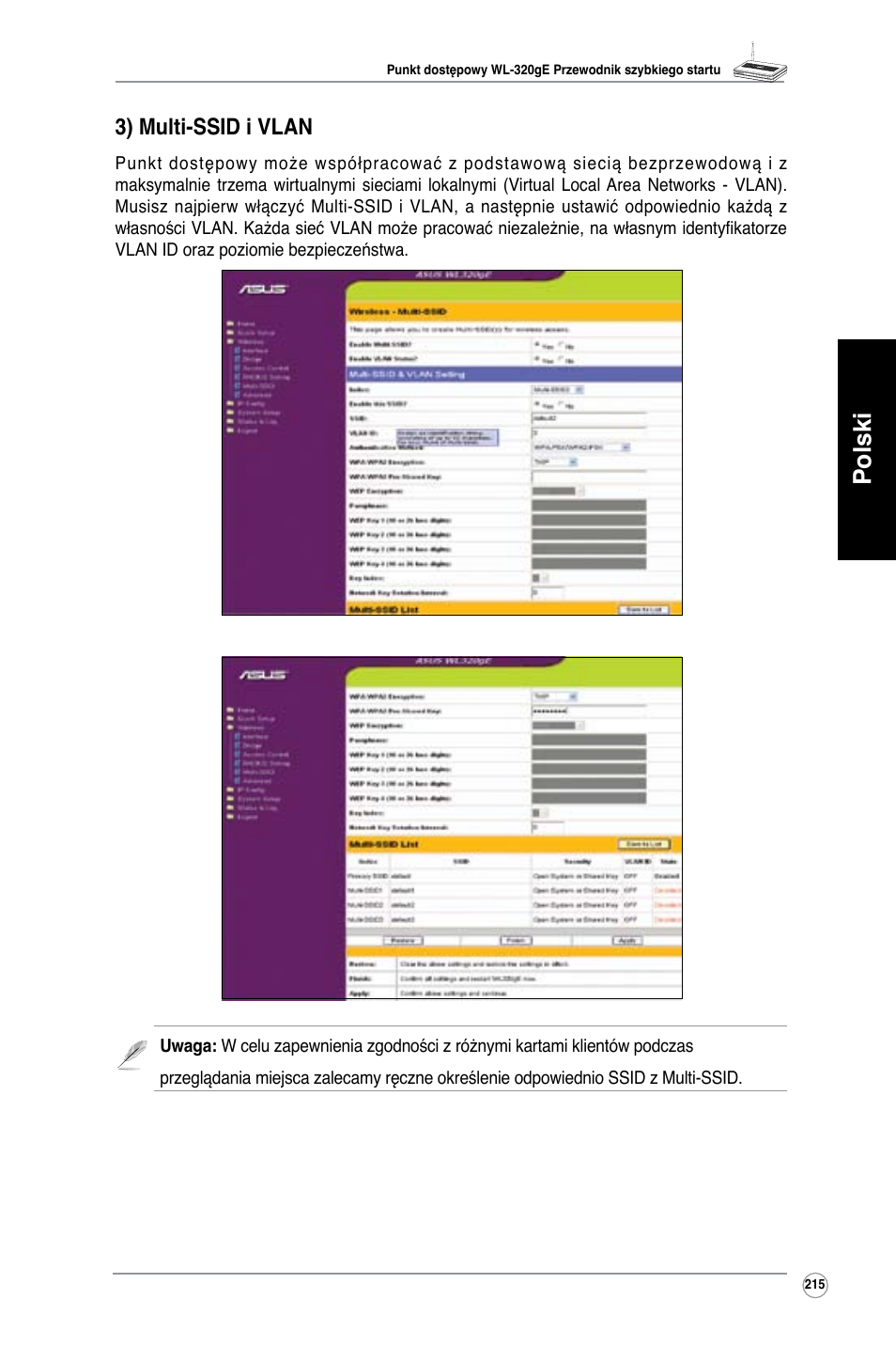 Polski, 3) multi-ssid i vlan | Asus WL-320gE User Manual | Page 216 / 361