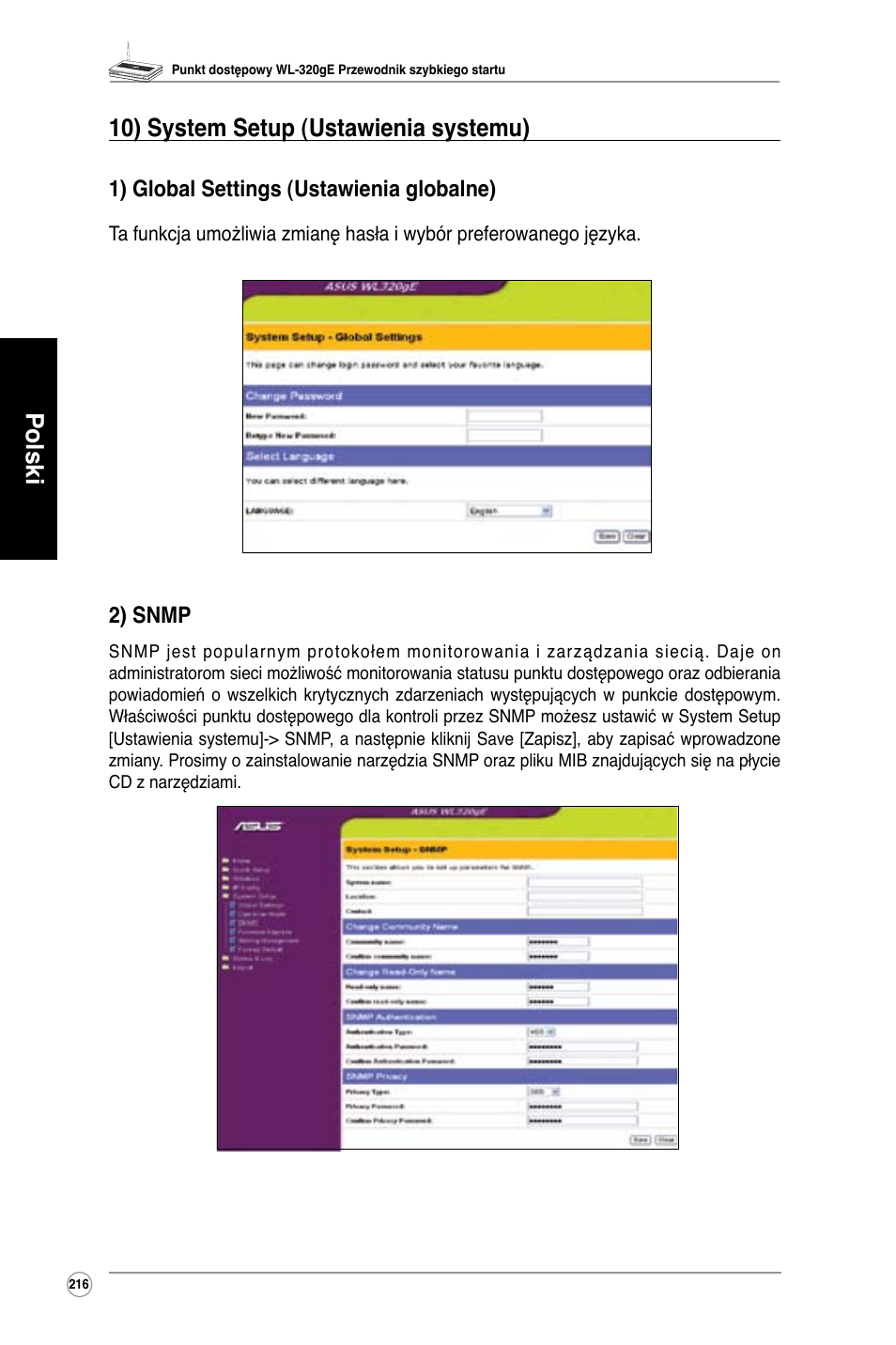 Polski 10) system setup (ustawienia systemu), 1) global settings (ustawienia globalne), 2) snmp | Asus WL-320gE User Manual | Page 217 / 361