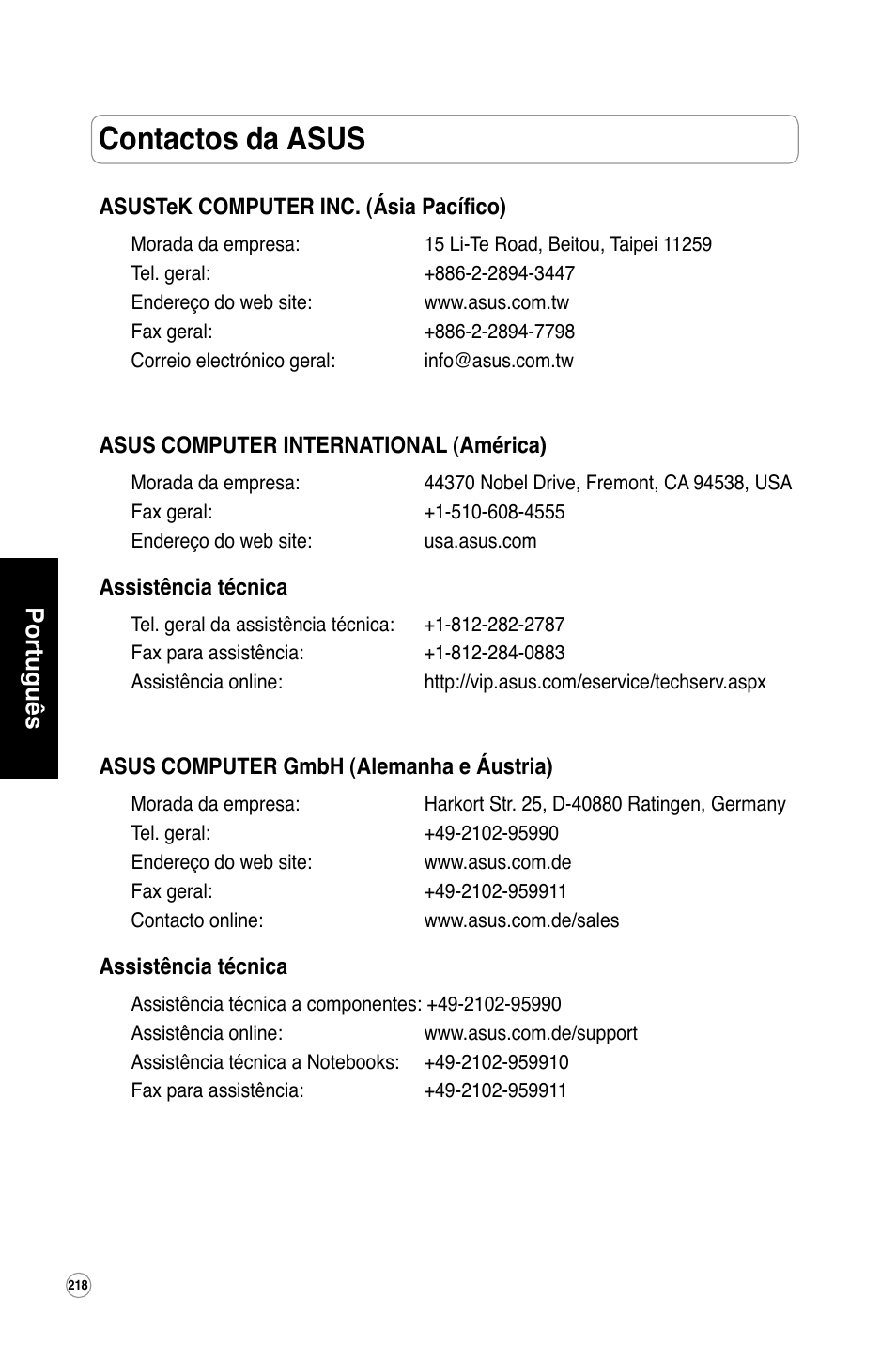 Contactos da asus, Português | Asus WL-320gE User Manual | Page 219 / 361