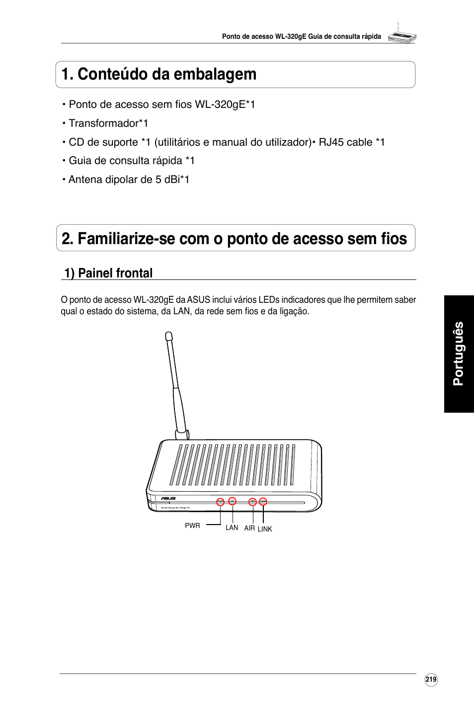 Português 1) painel frontal | Asus WL-320gE User Manual | Page 220 / 361