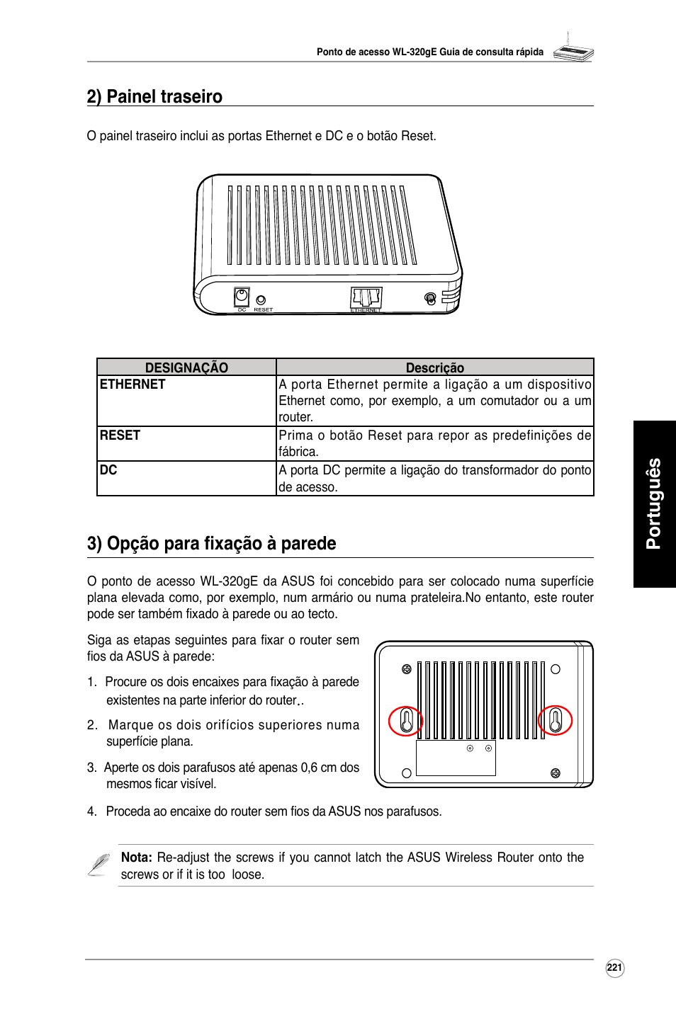 Português 3) opção para fixação à parede, 2) painel traseiro | Asus WL-320gE User Manual | Page 222 / 361