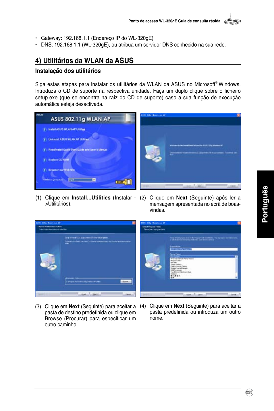 Português, 4) utilitários da wlan da asus | Asus WL-320gE User Manual | Page 224 / 361