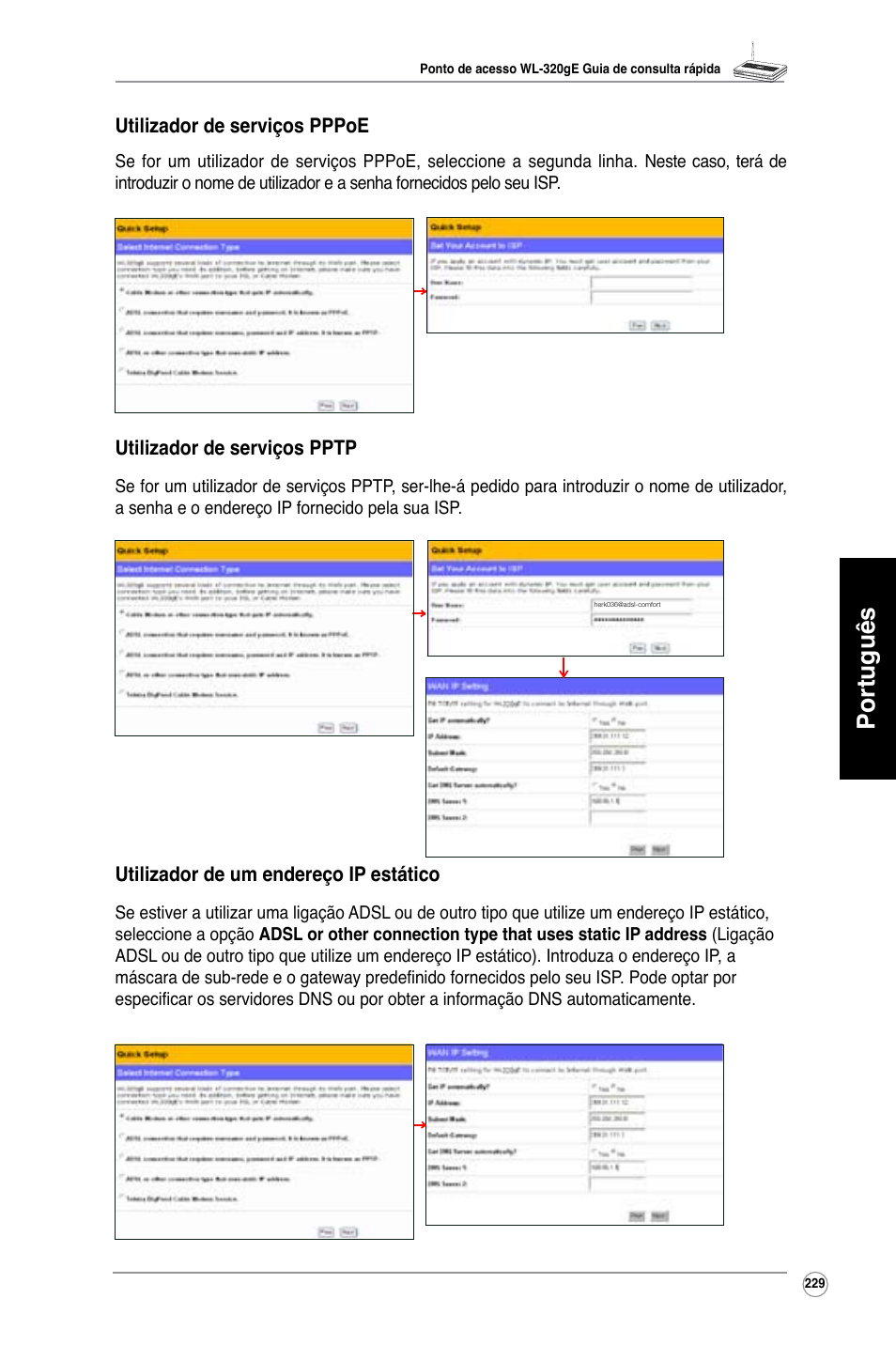 Português | Asus WL-320gE User Manual | Page 230 / 361