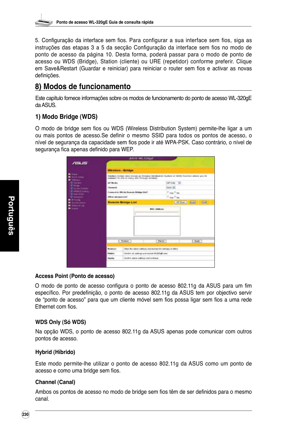 Português, 8) modos de funcionamento | Asus WL-320gE User Manual | Page 231 / 361