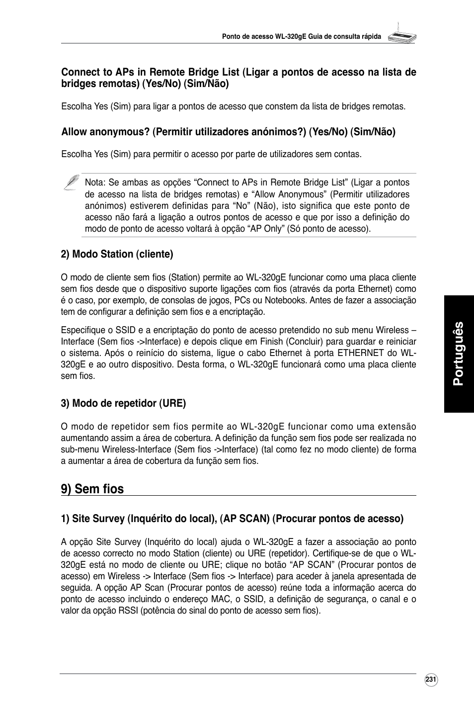 Português, 9) sem fios | Asus WL-320gE User Manual | Page 232 / 361