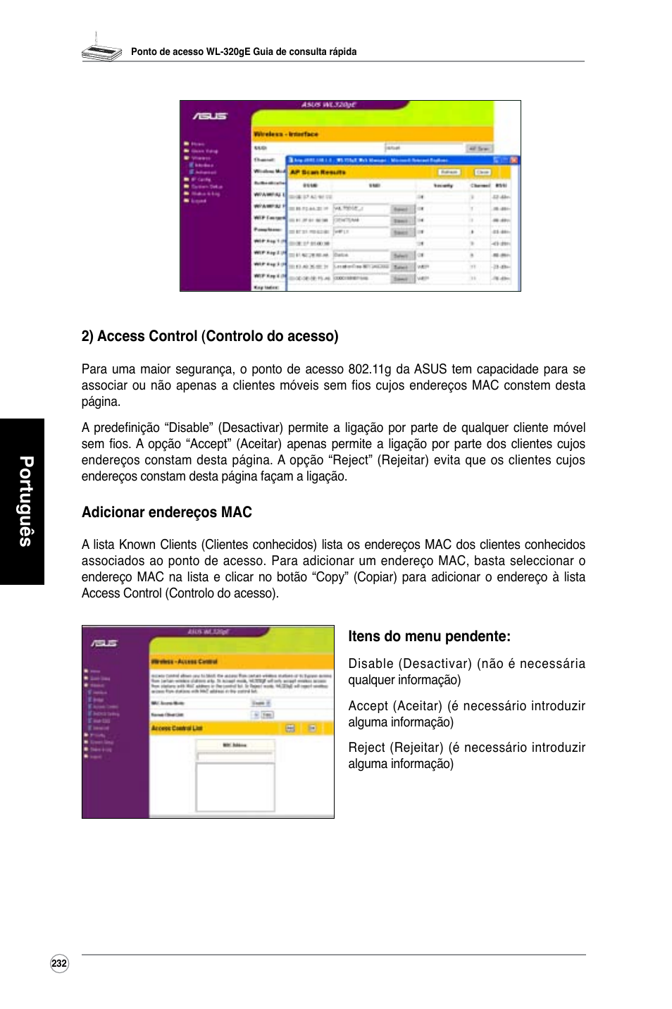 Português | Asus WL-320gE User Manual | Page 233 / 361