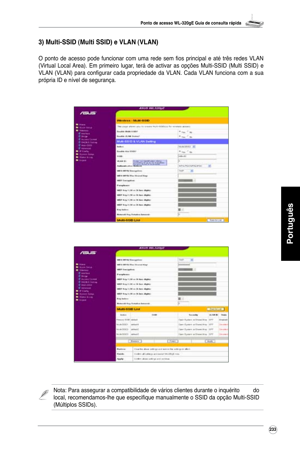 Português | Asus WL-320gE User Manual | Page 234 / 361