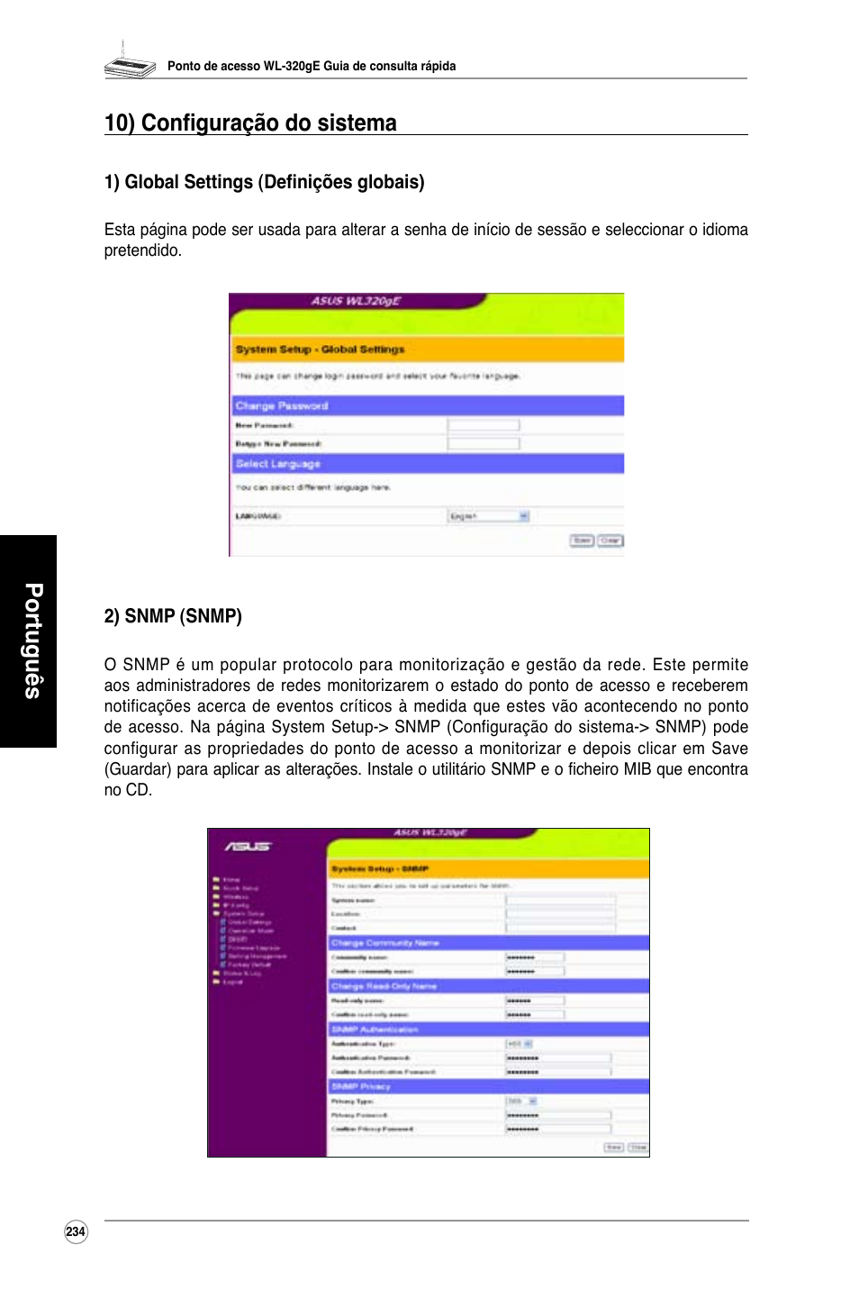 Português 10) configuração do sistema | Asus WL-320gE User Manual | Page 235 / 361