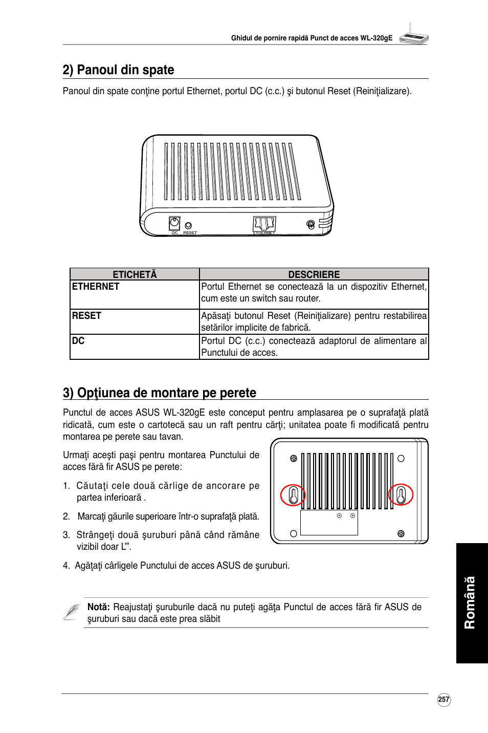 Română 3) opţiunea de montare pe perete, 2) panoul din spate | Asus WL-320gE User Manual | Page 258 / 361