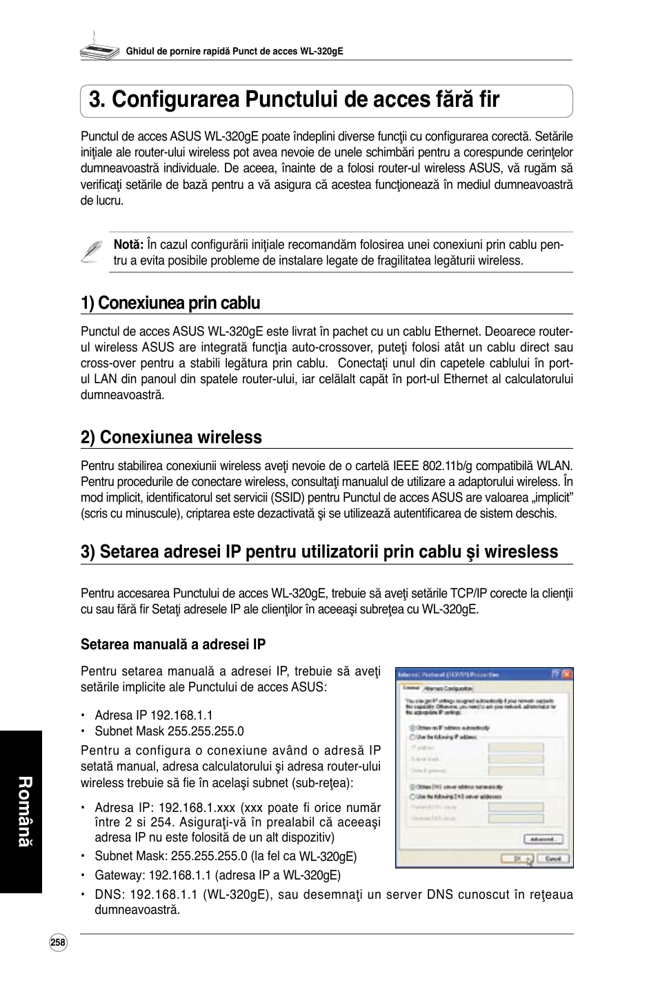 Configurarea punctului de acces fără fir, Română, 1) conexiunea prin cablu | 2) conexiunea wireless | Asus WL-320gE User Manual | Page 259 / 361