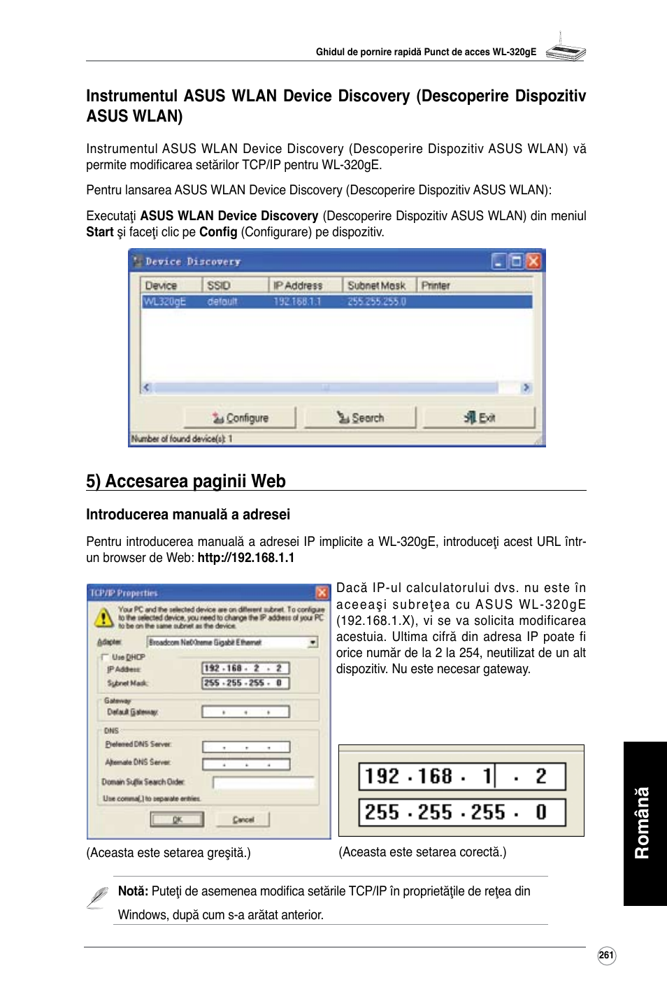 Română, 5) accesarea paginii web | Asus WL-320gE User Manual | Page 262 / 361