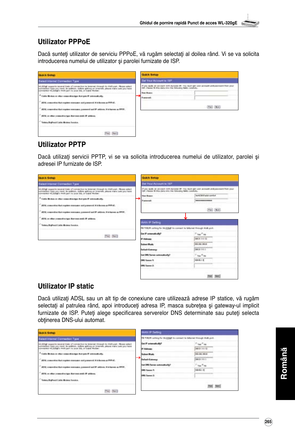 Română, Utilizator pppoe, Utilizator pptp | Utilizator ip static | Asus WL-320gE User Manual | Page 266 / 361