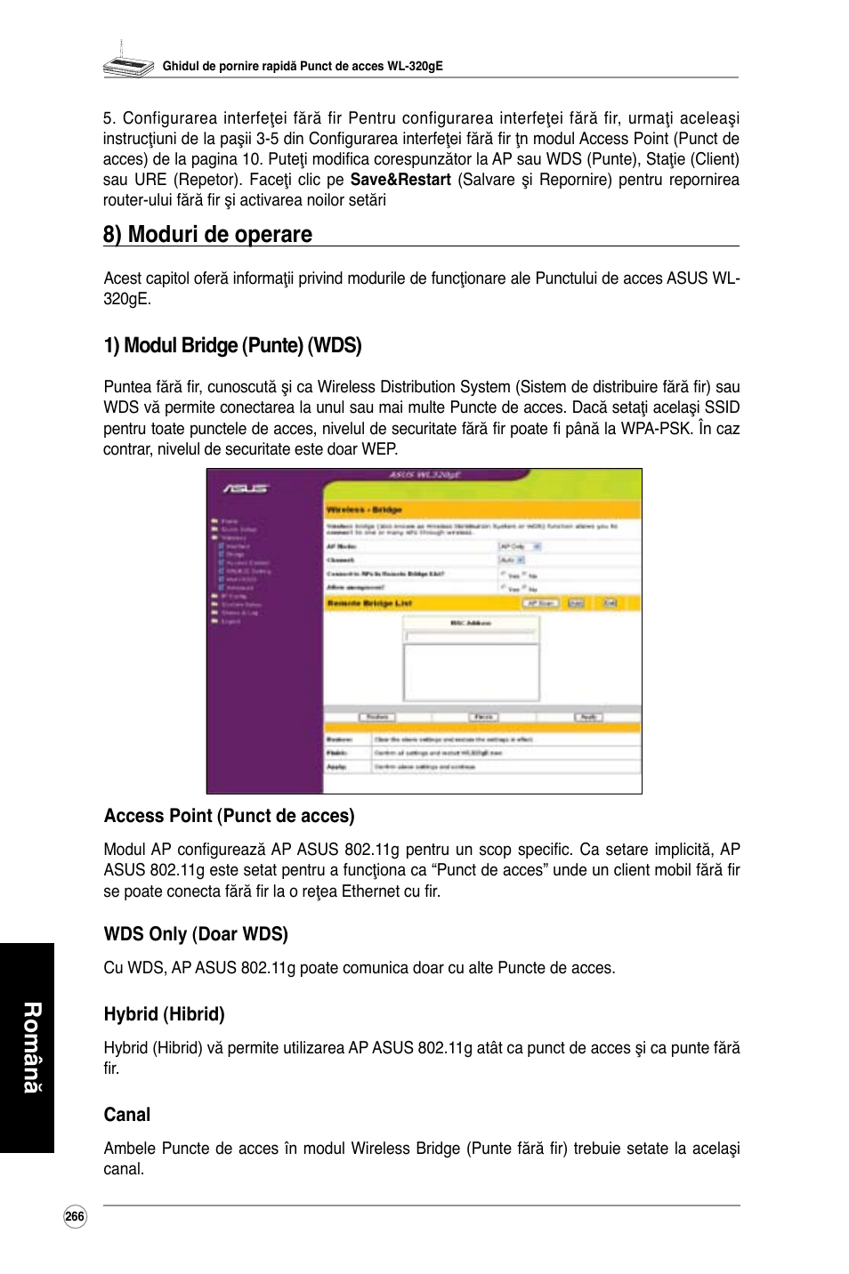 Română, 8) moduri de operare, 1) modul bridge (punte) (wds) | Asus WL-320gE User Manual | Page 267 / 361