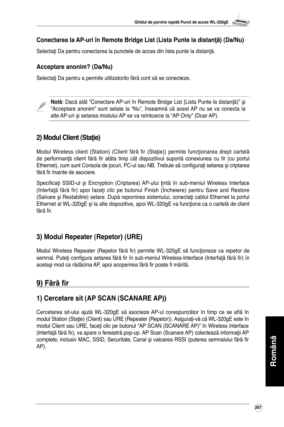 Română, 9) fără fir, 2) modul client (staţie) | 3) modul repeater (repetor) (ure), 1) cercetare sit (ap scan (scanare ap)) | Asus WL-320gE User Manual | Page 268 / 361