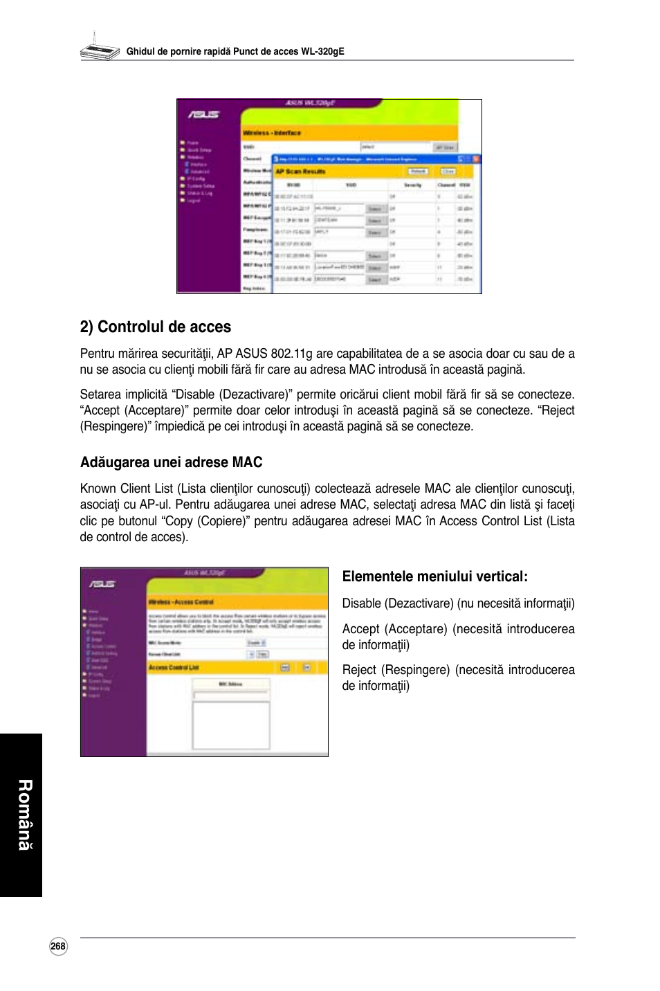 Română, 2) controlul de acces | Asus WL-320gE User Manual | Page 269 / 361