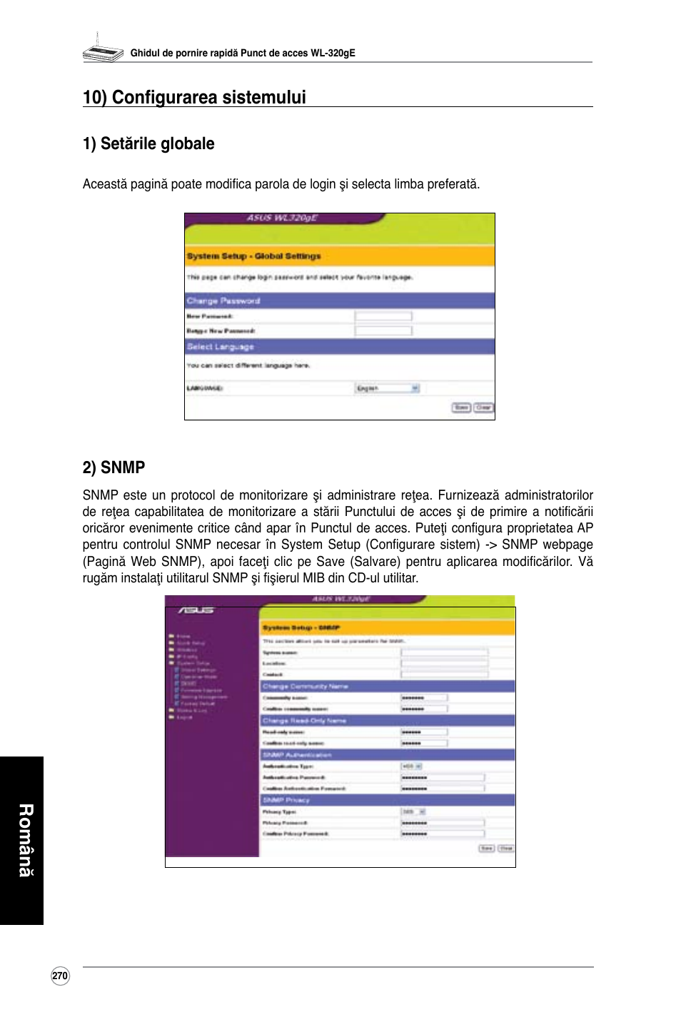 Română 10) configurarea sistemului, 1) setările globale, 2) snmp | Asus WL-320gE User Manual | Page 271 / 361