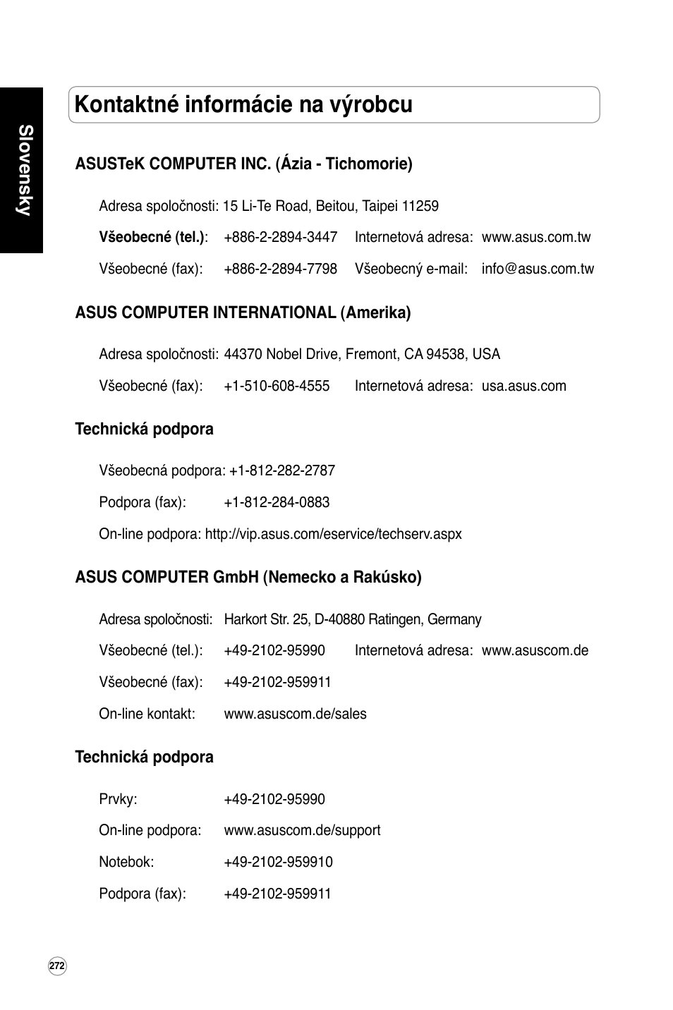 Kontaktné informácie na výrobcu, Slovensky | Asus WL-320gE User Manual | Page 273 / 361