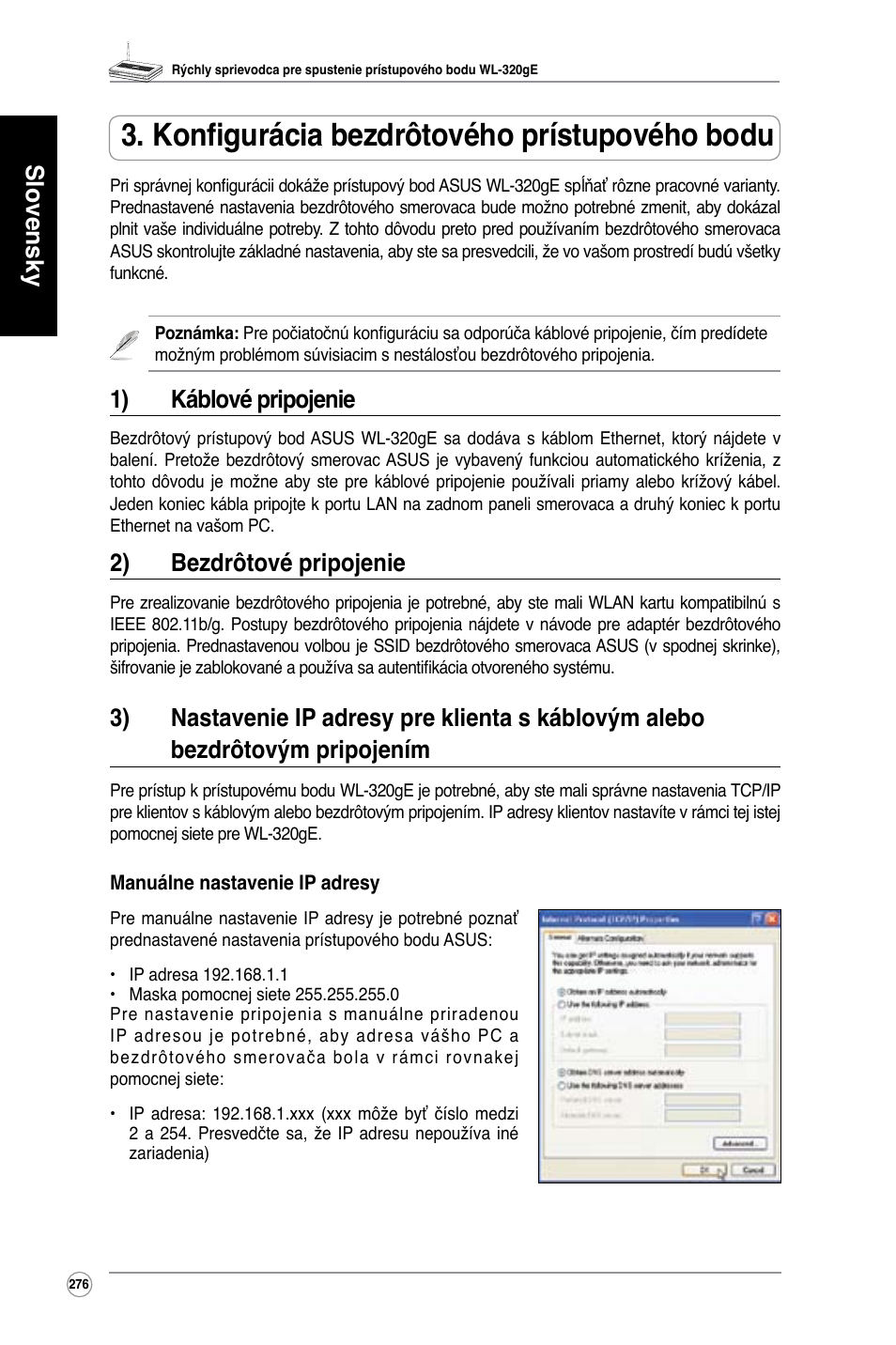 Konfigurácia bezdrôtového prístupového bodu, Slovensky, 1) káblové pripojenie | 2) bezdrôtové pripojenie | Asus WL-320gE User Manual | Page 277 / 361