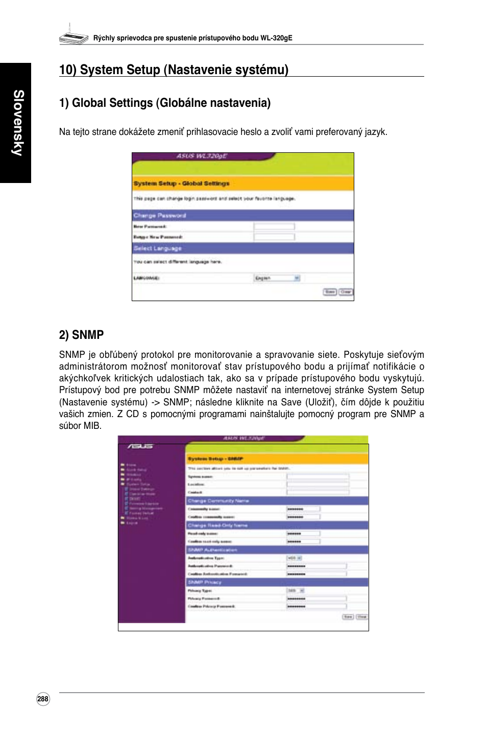 Slovensky 10) system setup (nastavenie systému), 1) global settings (globálne nastavenia), 2) snmp | Asus WL-320gE User Manual | Page 289 / 361