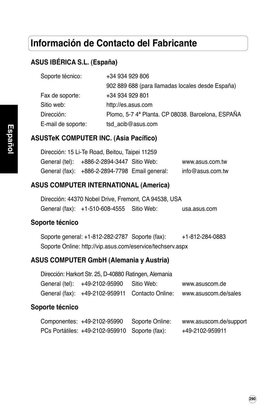 Información de contacto del fabricante, Español | Asus WL-320gE User Manual | Page 291 / 361