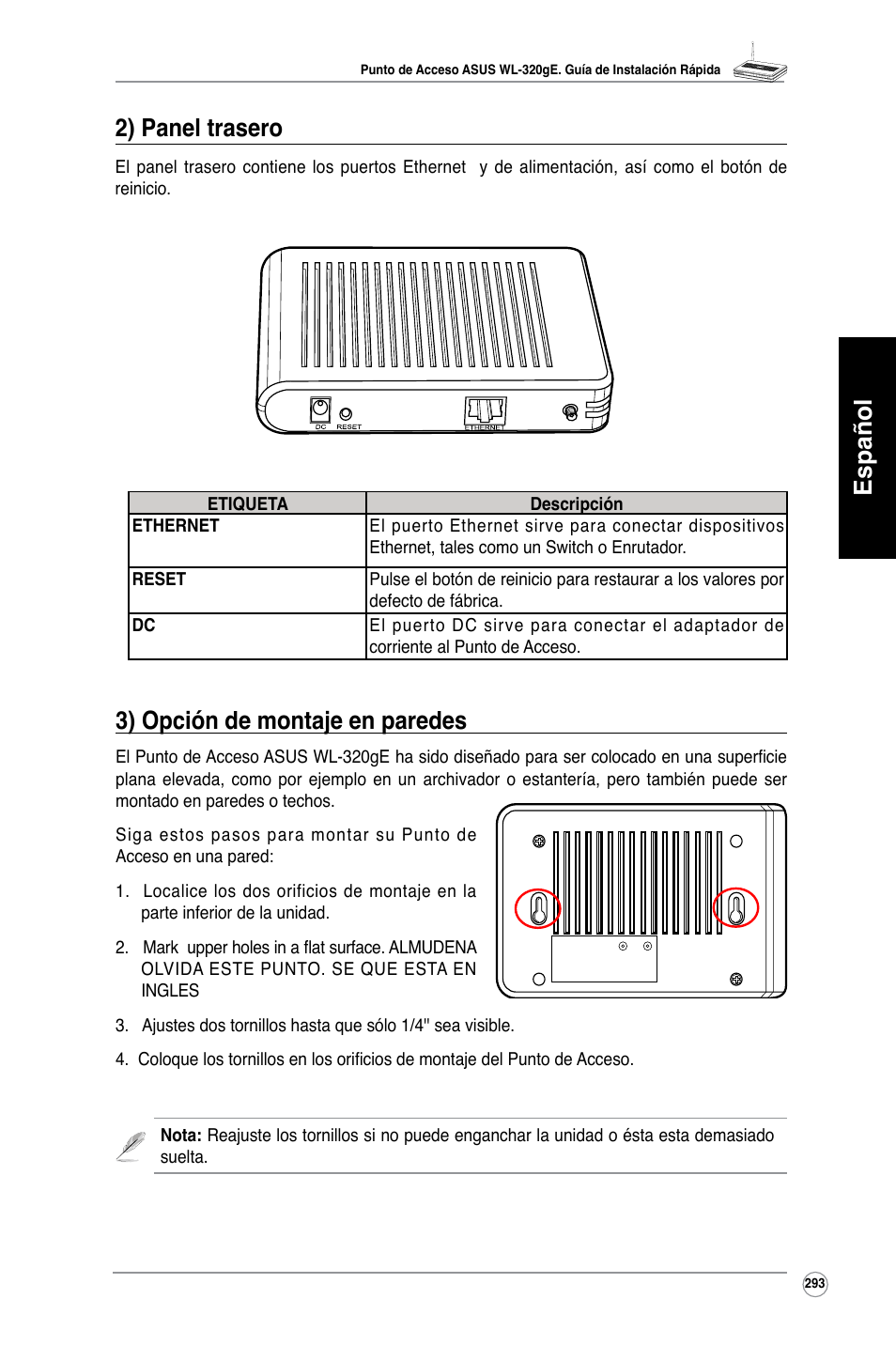 Español 3) opción de montaje en paredes, 2) panel trasero | Asus WL-320gE User Manual | Page 294 / 361