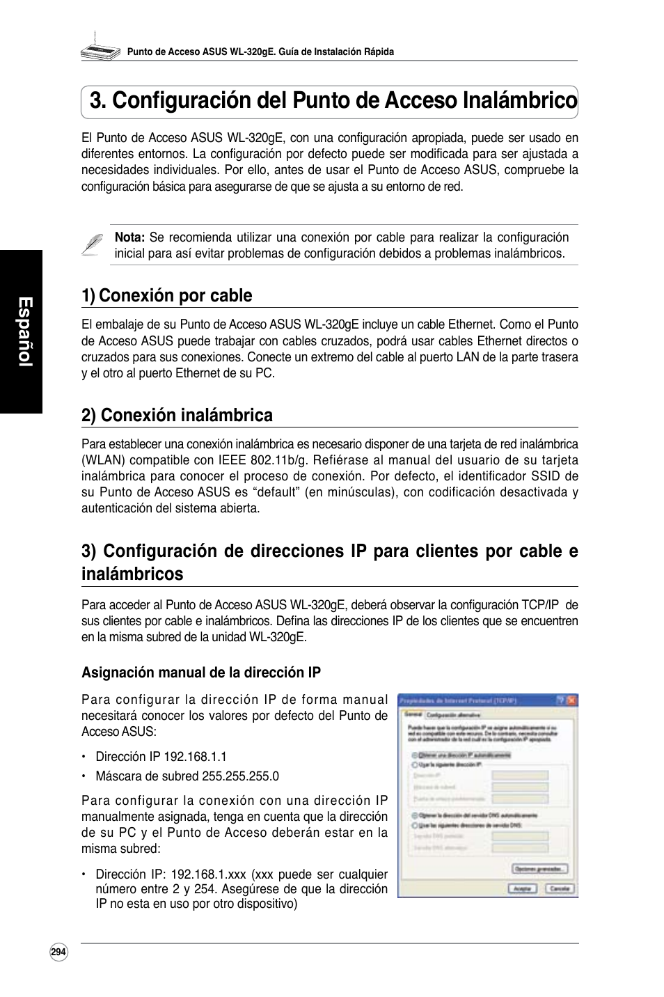 Configuración del punto de acceso inalámbrico, Español, 1) conexión por cable | 2) conexión inalámbrica | Asus WL-320gE User Manual | Page 295 / 361