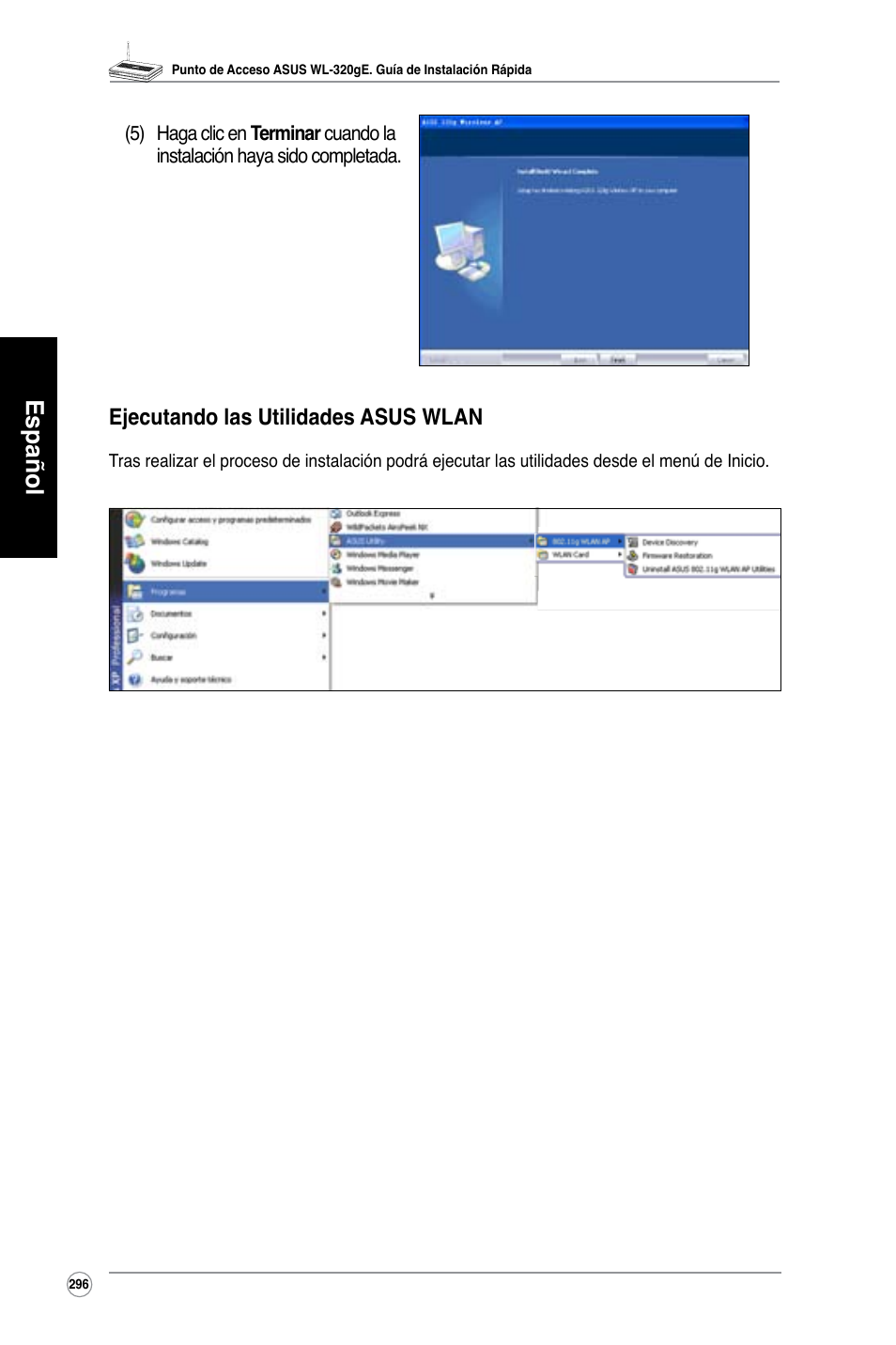 Español, Ejecutando las utilidades asus wlan | Asus WL-320gE User Manual | Page 297 / 361