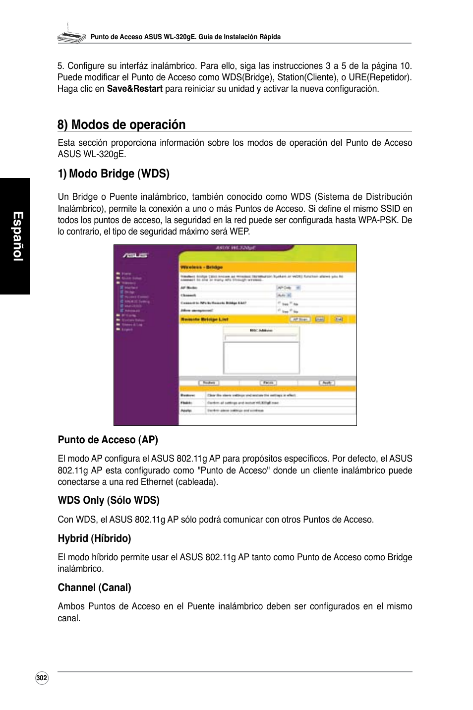 Español, 8) modos de operación, 1) modo bridge (wds) | Asus WL-320gE User Manual | Page 303 / 361