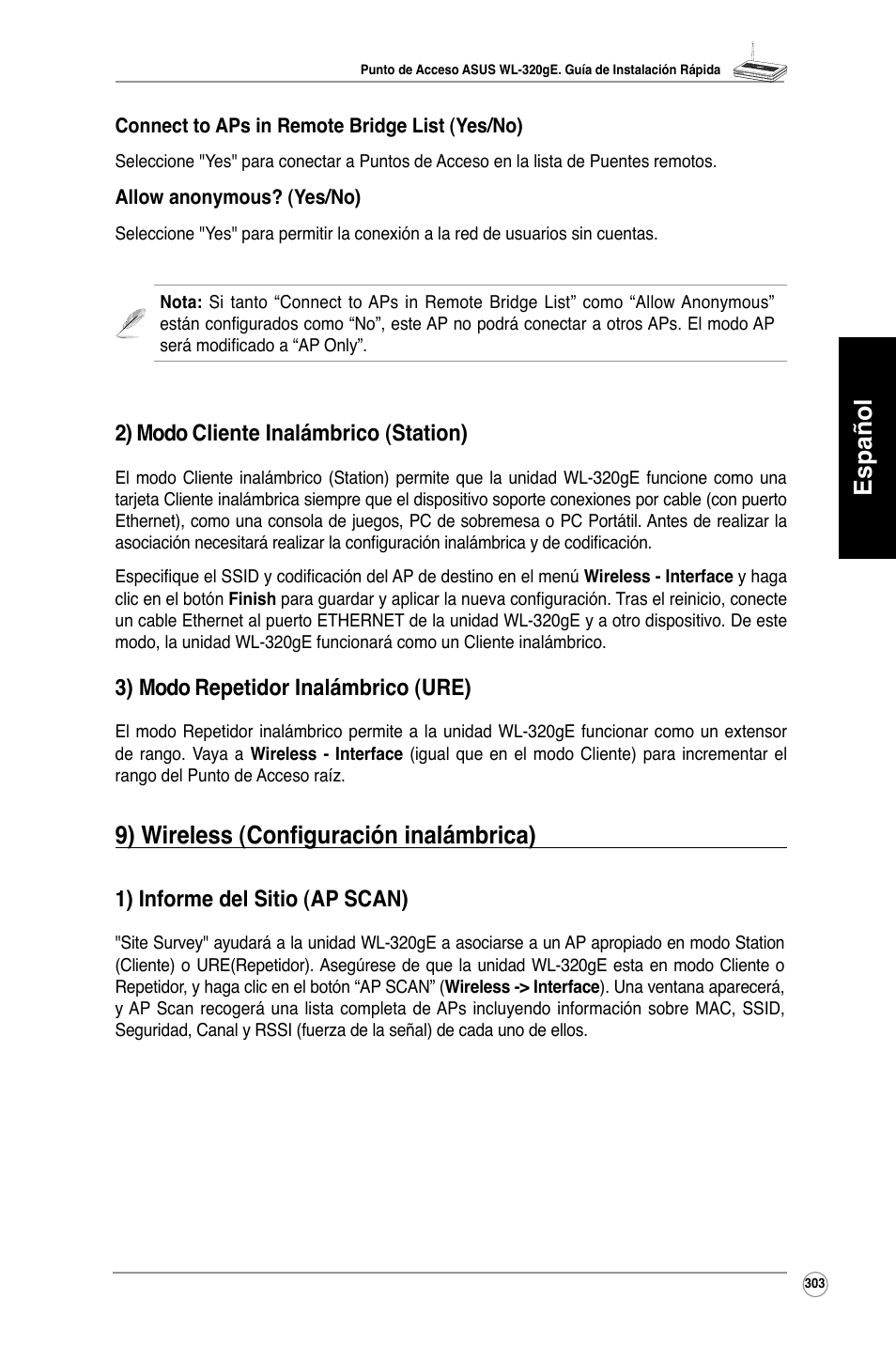 Español, 9) wireless (configuración inalámbrica), 2) modo cliente inalámbrico (station) | 3) modo repetidor inalámbrico (ure), 1) informe del sitio (ap scan) | Asus WL-320gE User Manual | Page 304 / 361