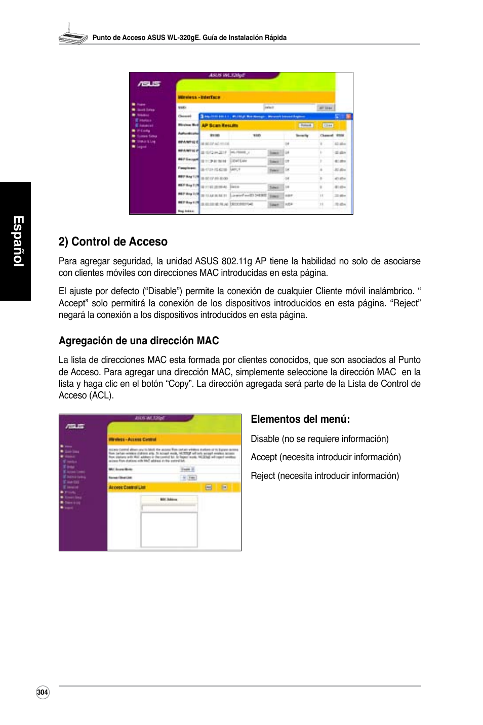 Español, 2) control de acceso | Asus WL-320gE User Manual | Page 305 / 361