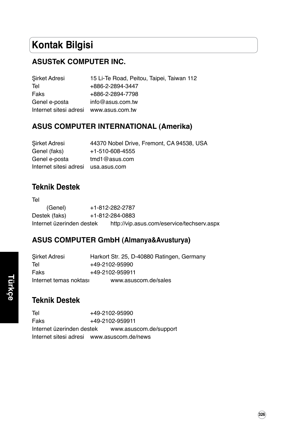 Kontak bilgisi, Teknik destek, Türkçe | Asustek computer inc, Asus computer international (amerika), Asus computer gmbh (almanya&avusturya) | Asus WL-320gE User Manual | Page 327 / 361