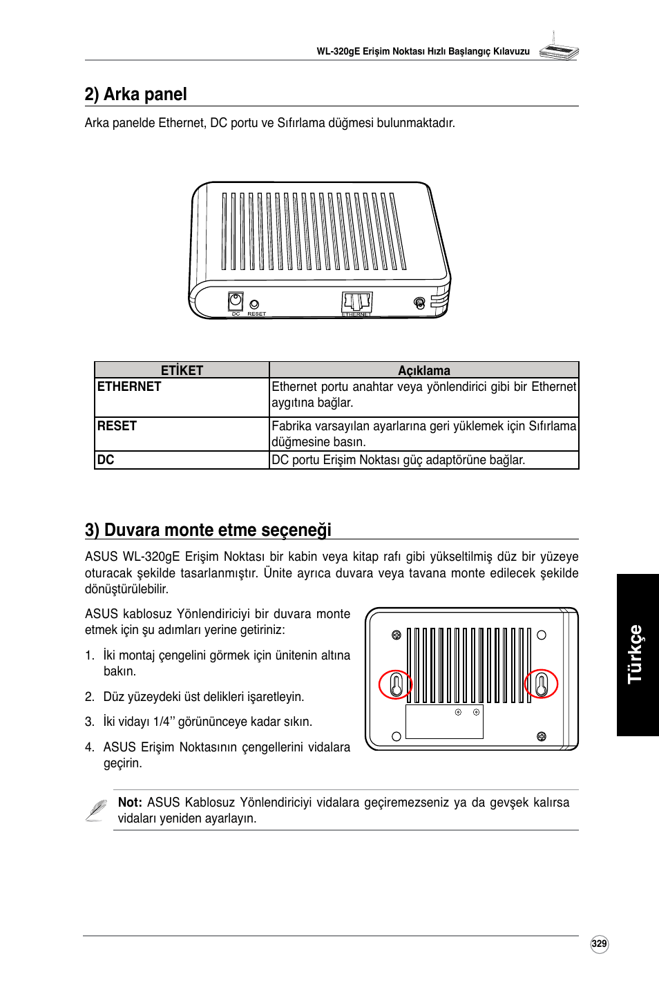 Türkçe 3) duvara monte etme seçeneği, 2) arka panel | Asus WL-320gE User Manual | Page 330 / 361