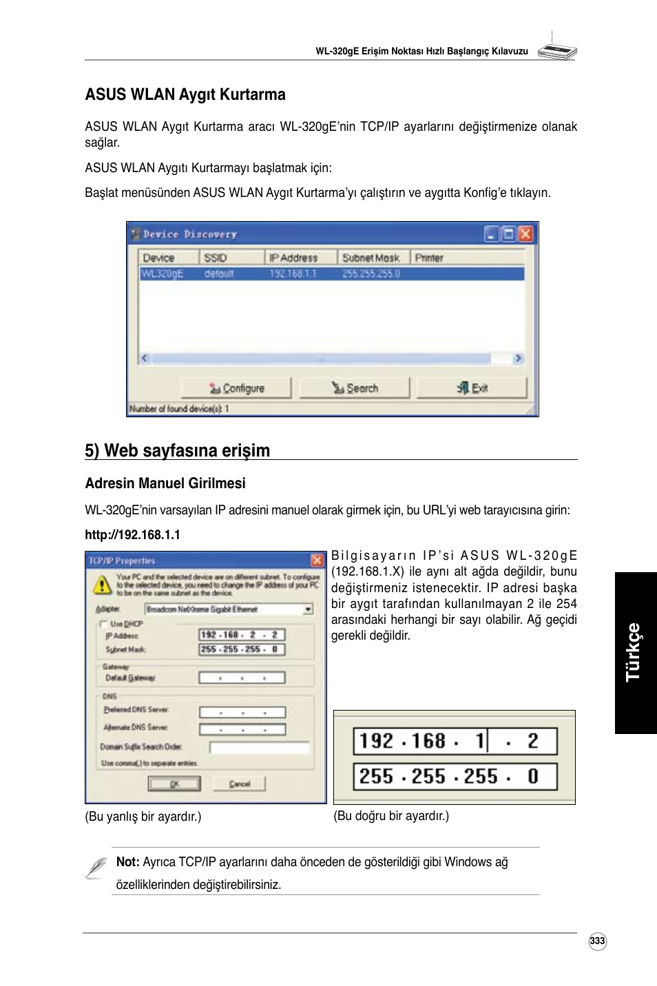 Türkçe, 5) web sayfasına erişim, Asus wlan aygıt kurtarma | Asus WL-320gE User Manual | Page 334 / 361