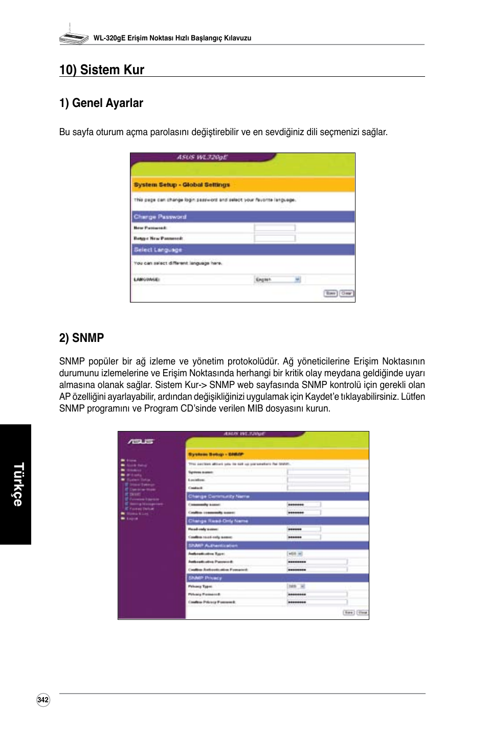 Türkçe 10) sistem kur, 1) genel ayarlar, 2) snmp | Asus WL-320gE User Manual | Page 343 / 361