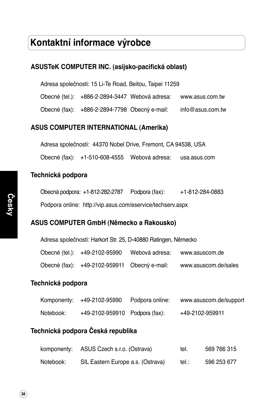 Kontaktní informace výrobce, Česky | Asus WL-320gE User Manual | Page 39 / 361