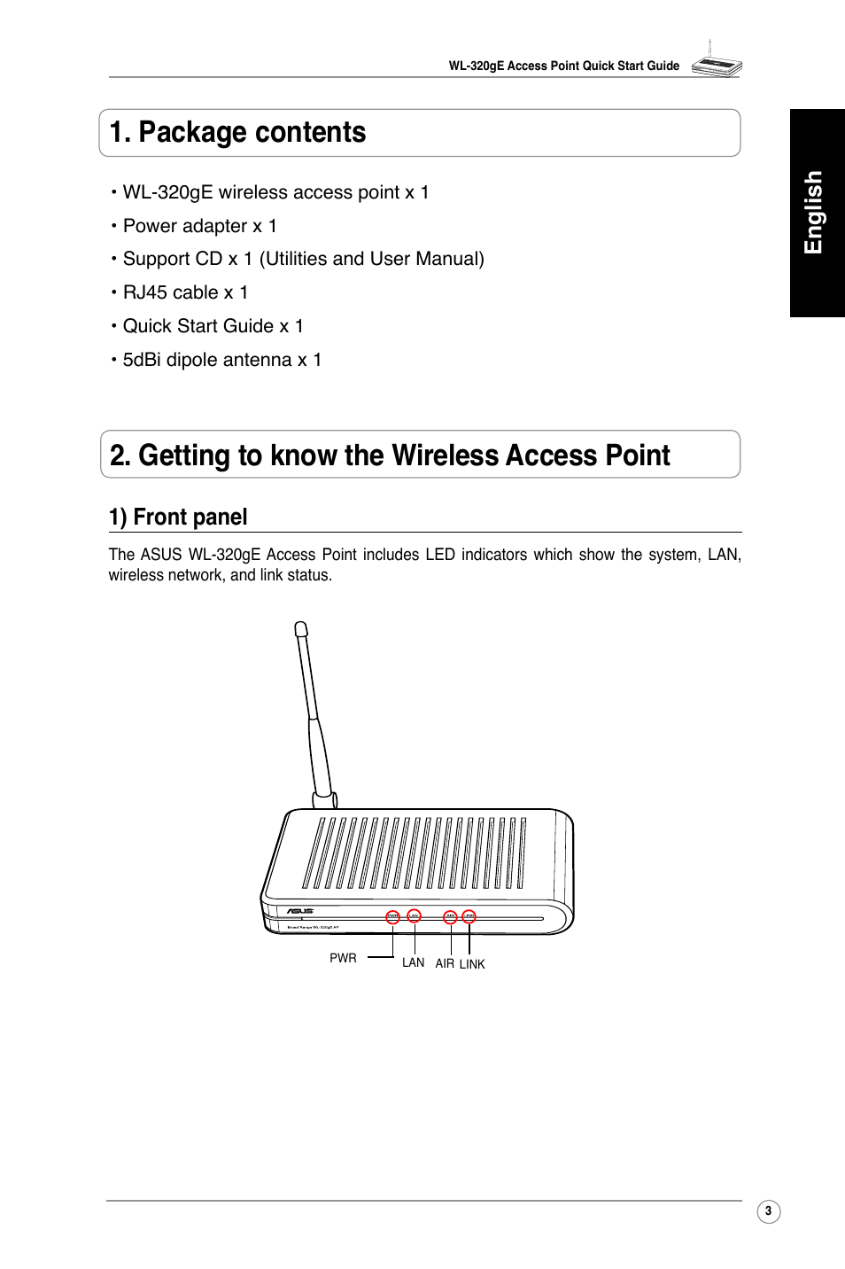 English 1) front panel | Asus WL-320gE User Manual | Page 4 / 361