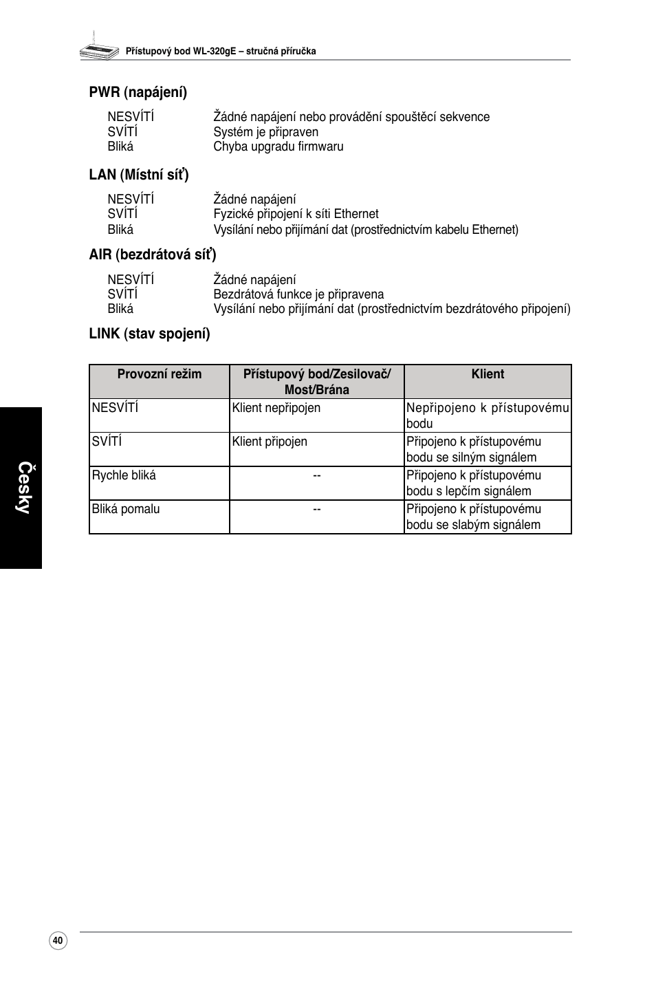 Česky | Asus WL-320gE User Manual | Page 41 / 361